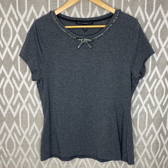 White House Black Market Tops - White House Black Market Short Sleeve T-shirt Rhinestone Collar & Bow Dark Gray